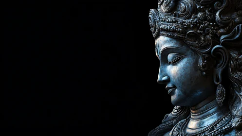 Metallic goddess sculpture profile rendered in blue light