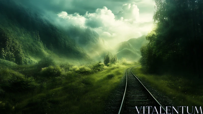 Curved railway vanishes into foggy, lush valley under volumetric light