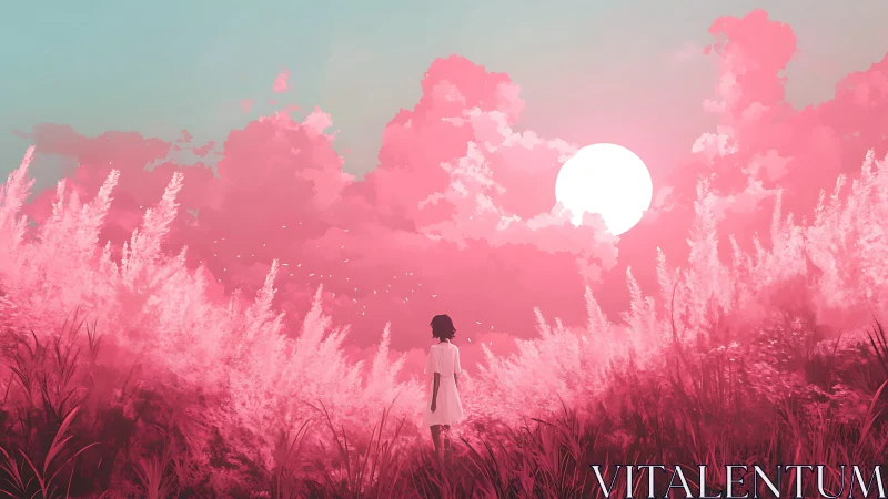 Girl in pink field watching bright sun over clouds.