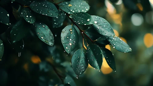 Rain droplets on dark green leaves in soft evening light.