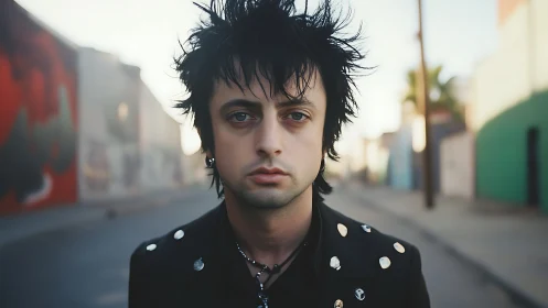 Moody young man with punk hairstyle on empty street.