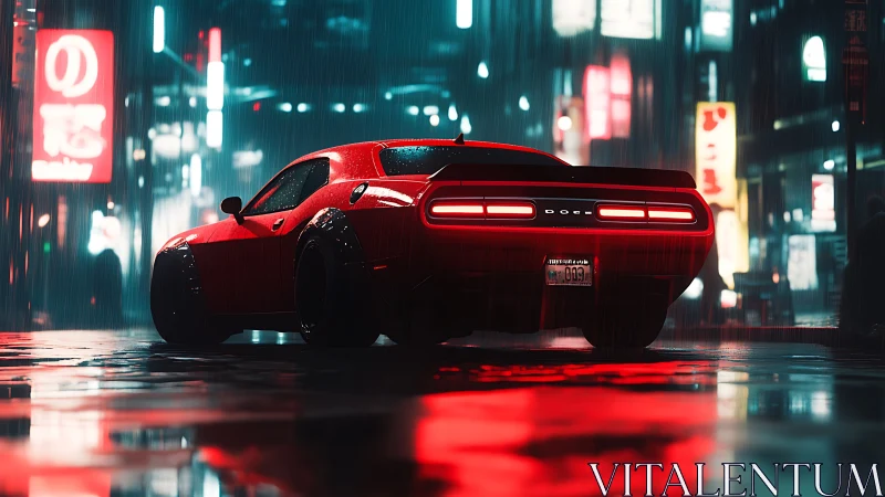 Red sports car is parked on wet neon street at night