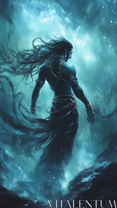 Stormforged sea deity emerging through swirling teal mists.