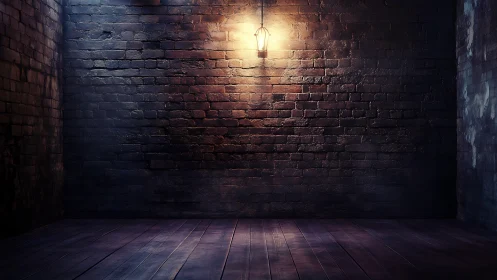 Quiet brick room glowing under a single hanging lantern.