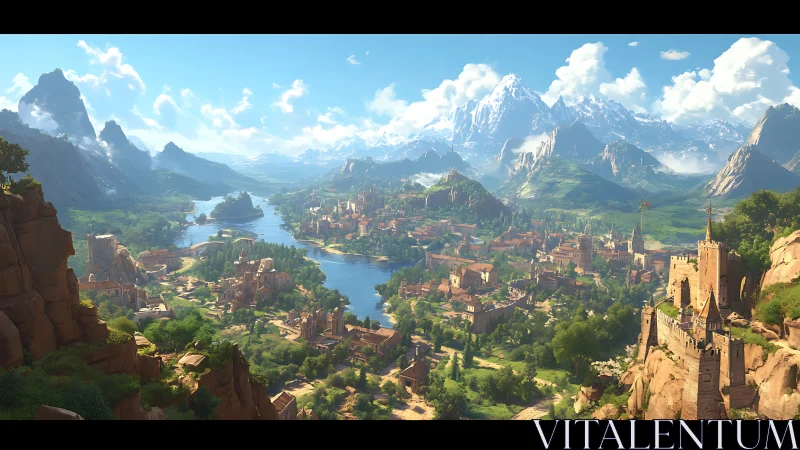 Expansive fantasy valley city with distant snowy mountains.