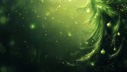 Green conifer branches with baubles on abstract background.