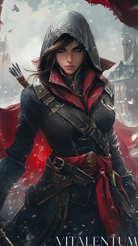 Hooded female rogue stands in snow with red cloak spread