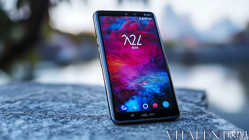 Android Smartphone with Vibrant Display on Stone Surface.