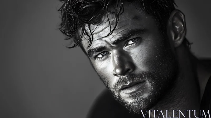 Brooding male portrait in dramatic grayscale close-up.