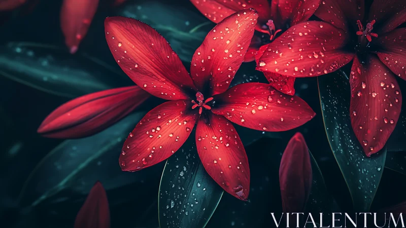 Deep Red Blooms Adorned with Dew Drops.