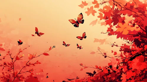Autumn butterflies drift through crimson foliage glow.