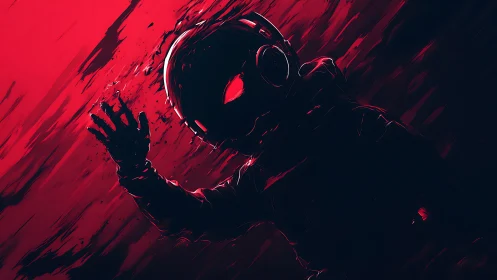 Digital painting of voidbound astronaut in red-black chiaroscuro.