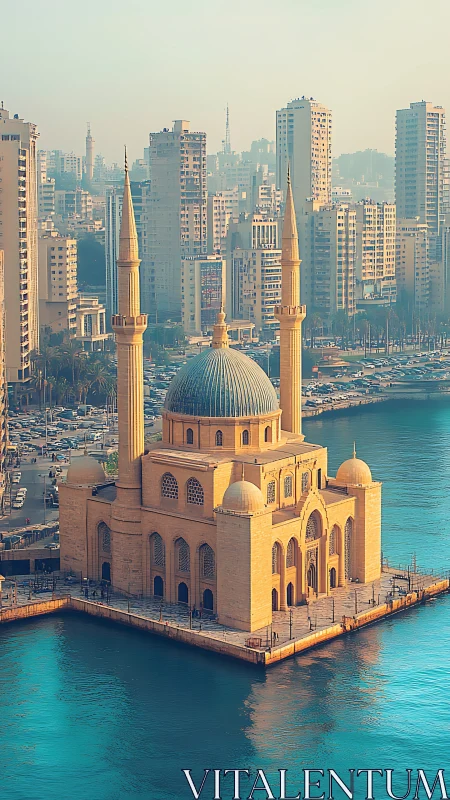 Photorealistic coastal mosque against dense urban skyline.