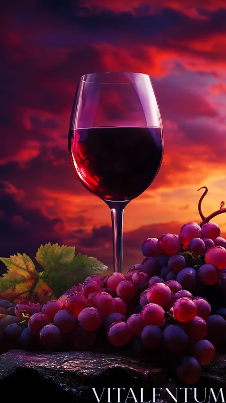 Red wine glass with grapes against vivid sunset sky.