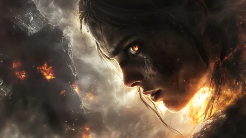 War-scarred heroine emerging from molten ash and flame.