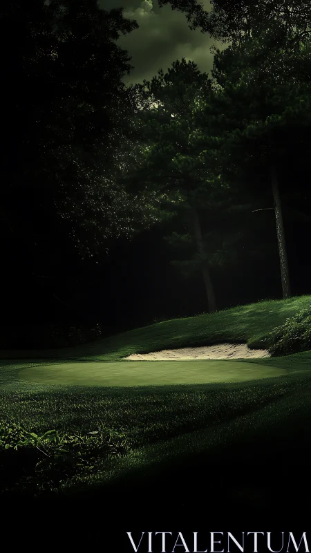 Moonlit bunker hush on a shadow-draped forest green.