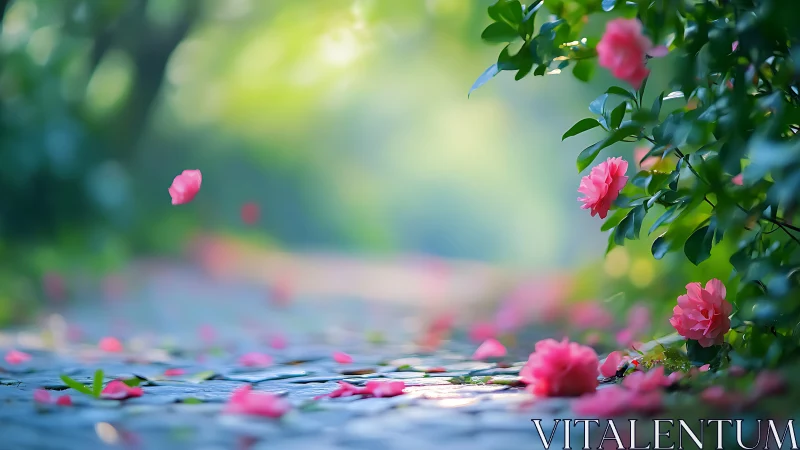 Pink Roses Scattered on Stone Path With Lush Foliage.