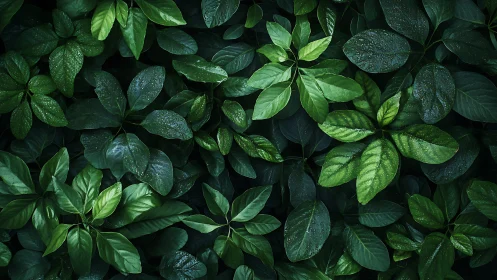 Dense green foliage with water droplets in soft light.
