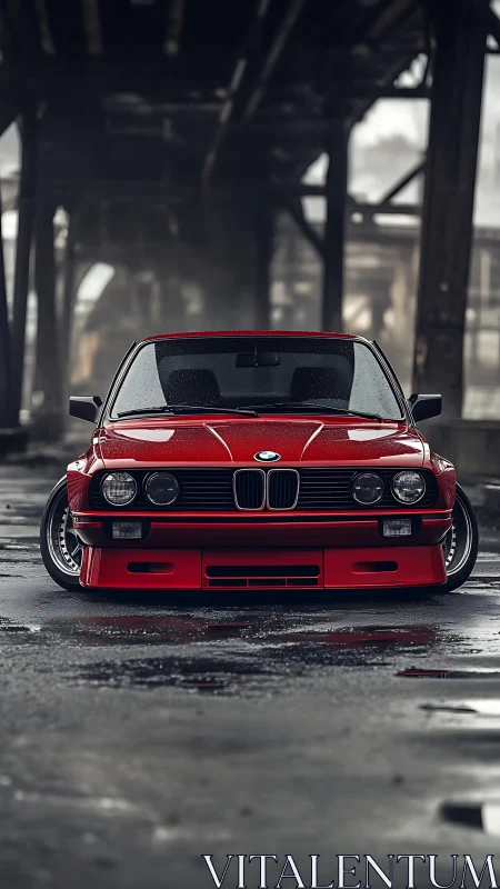 Low-slung red BMW E30 coupe under industrial overpass