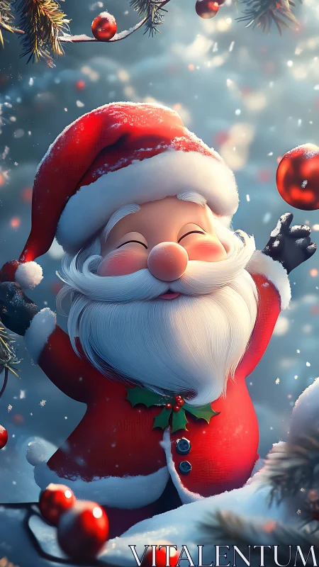 Cheerful cartoon Santa Claus in snowy Christmas forest.