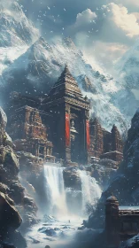 Mountain fortress temple above frozen waterfall cascade.