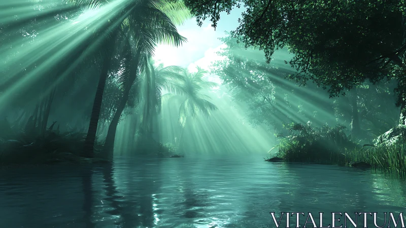Volumetric sunlight penetrates dense tropical river canopy