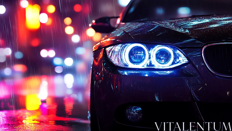 Neon-lit sports car headlights in vibrant urban rainfall.