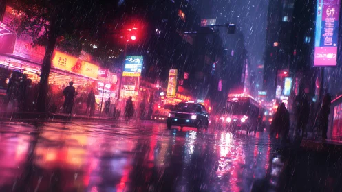 Rainy neon city street glowing with cozy nighttime color.