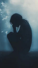 Silhouetted girl folded in misty blue twilight solitude.