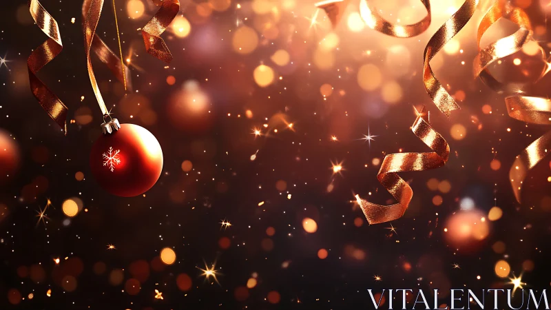 Gilded ribbons whirl around a ruby holiday bauble glow.