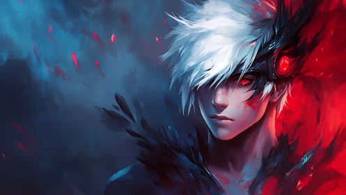 Digital painting portrait with dual chromatic energy field.