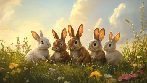 Sunlit meadow welcomes five curious baby bunnies at rest