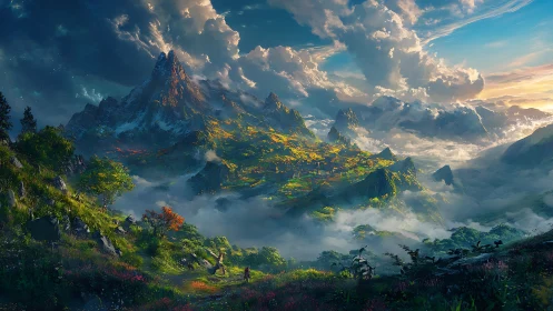 Mountain valley landscape with mist, clouds and distant figures.