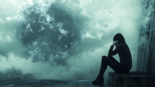 Quiet sky-watcher resting beneath a stormy cosmic moon.