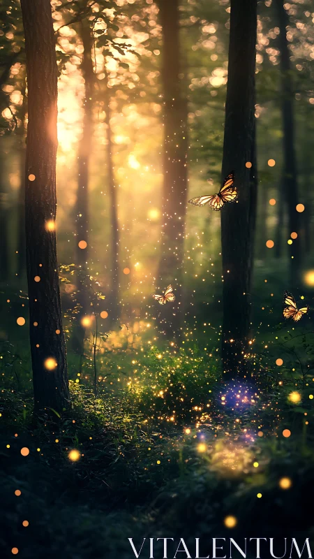 Enchanted Forest with Glowing Butterflies and Fireflies