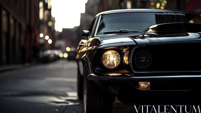 Classic muscle car glowing softly in a city evening street.