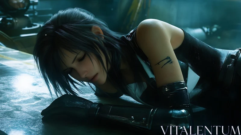 Cybernetic rogue resting in neon-dimmed industrial hush.