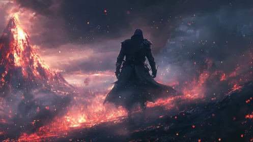 Solitary figure amid volcanic landscape with lava flows.