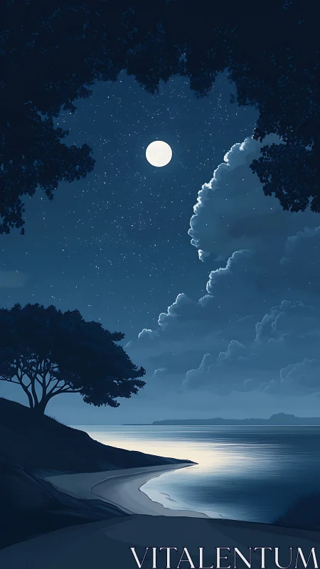 Moonlit coastal cove rendered in monochrome nocturnal palette