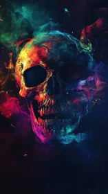 Neon vapor skull pulses through swirling prismatic smoke.