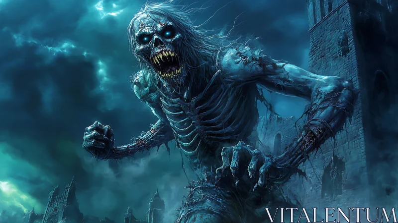 Undead giant stalks ruined fortress under storm-lit sky.