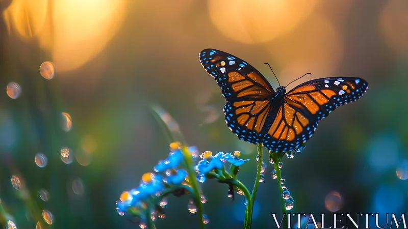 Monarch wings sip sunrise while dewdrops hum beneath