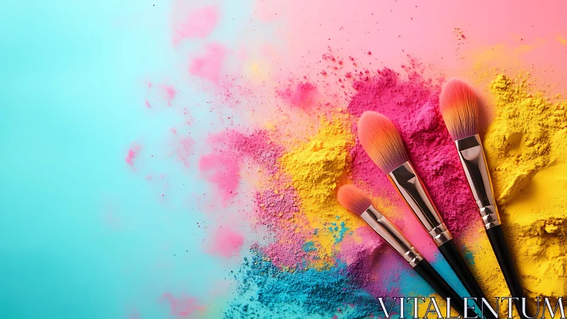Makeup brushes rest on vivid powder pigments gradient
