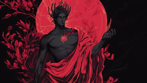 Midnight deity wrapped in crimson lunar blossoms.
