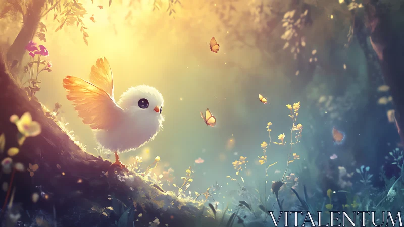 Whimsical fluffy bird in sunlit forest with butterflies, digital art.