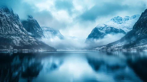 Glacier-breathed fjord dreaming in mirrored winter hush.