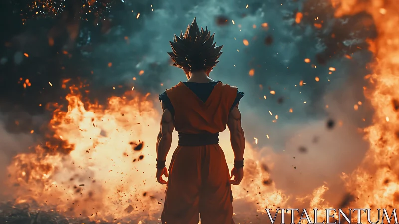 Fiery warrior stands calm as sparks and storm collide.