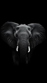 Monochrome frontal elephant portrait with high-contrast lighting.