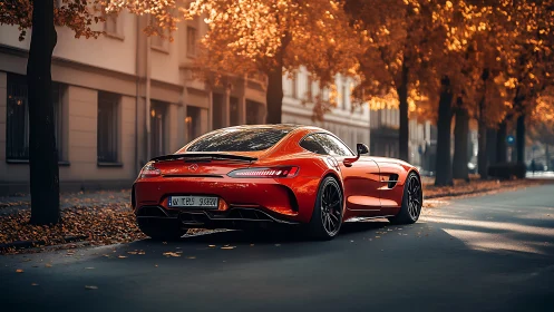 Crimson coupe gliding through a golden autumn boulevard.