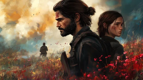 Digital painting of armed survivors in vivid flower field.